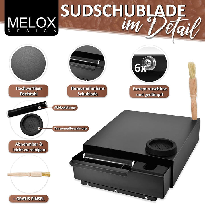 MELOX - XXL 4-in-1 Abschlagbehälter mit Sudschublade für Siebträger mit Tamper-Station & Reinigungs-