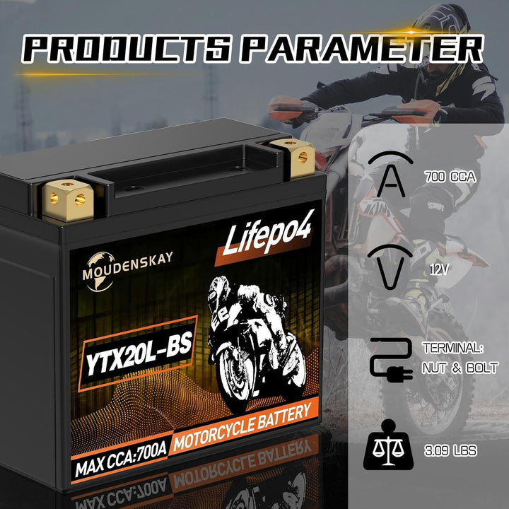 MOUDENSKAY Lithium Motorrad Batterie 12V Lithium Powersports Batterie mit BMS (YTX20L-BS 12.8V 8Ah 7