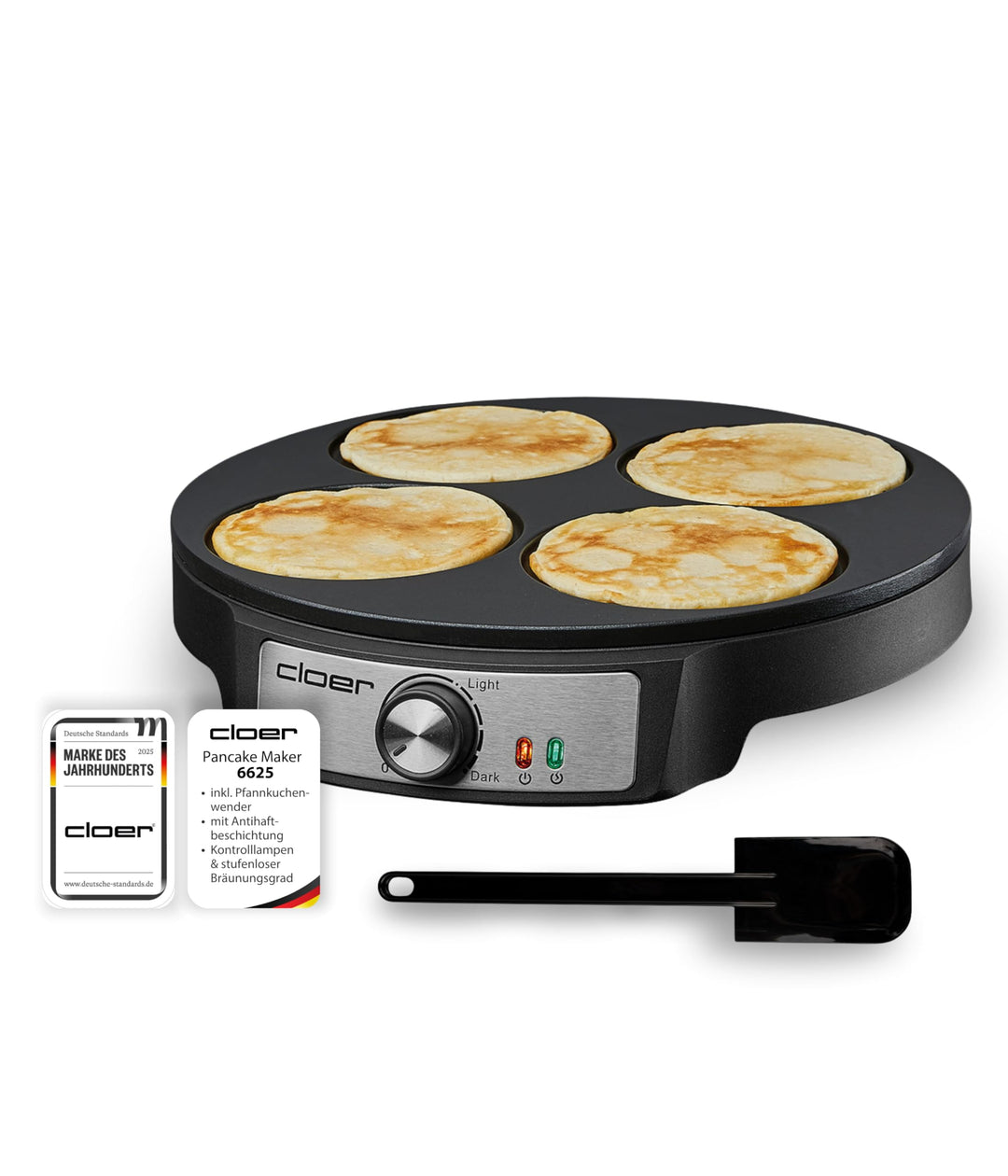 Cloer 6625 Pancake Maker, Mini Pancakes, für 4 kleine Pfannkuchen je 11 cm Ø, 1200 W, Antihaftbeschi