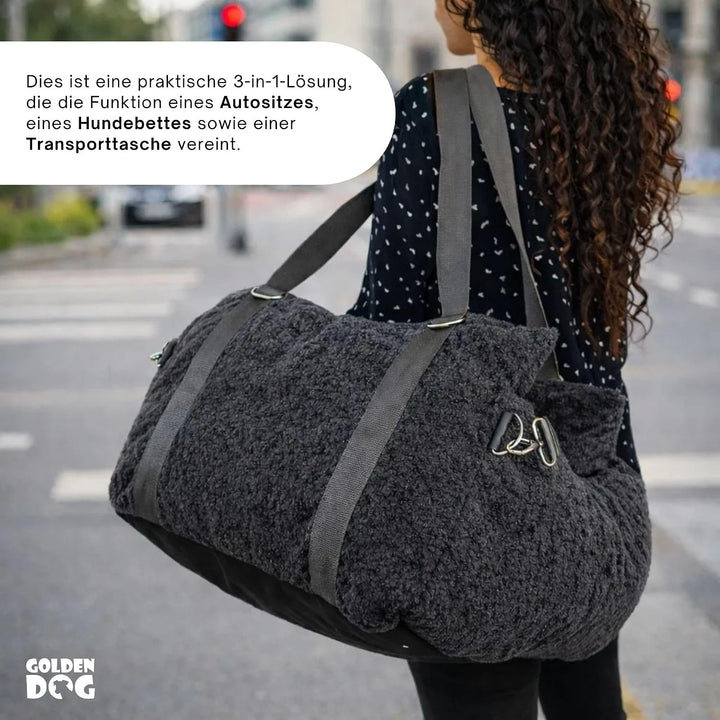 Hundesitz Auto 3in1 aus Bouclé – Hundebett &amp; Transporter mit Sicherheitsleine, weich, robust und Kra