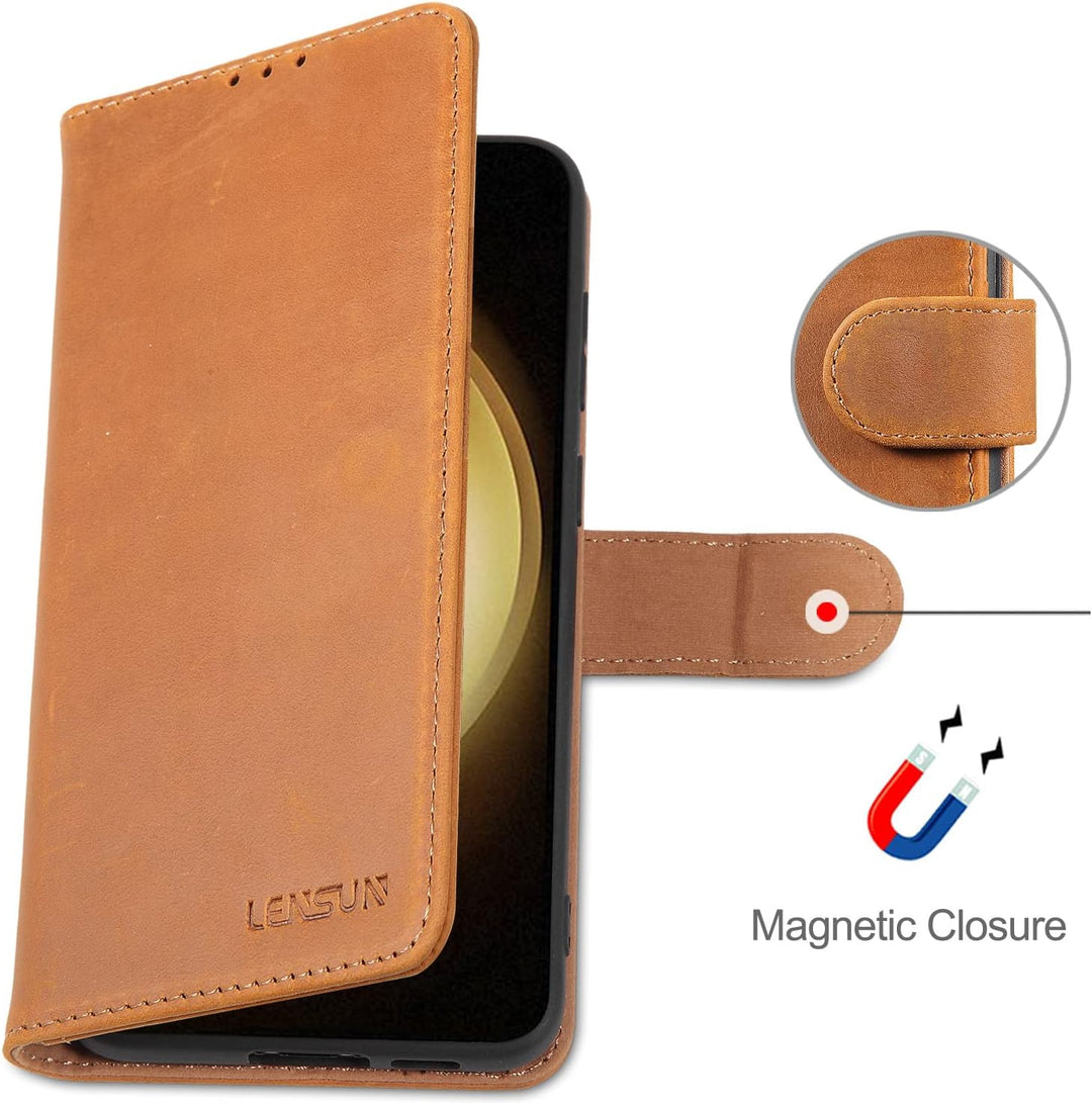 LENSUN Echtleder Hülle für Samsung Galaxy S23 Plus, Handyhülle [Echtes Leder] [Magnetverschluss] [RF