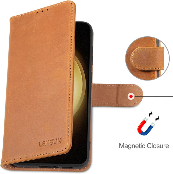 LENSUN Echtleder Hülle für Samsung Galaxy S23 Plus, Handyhülle [Echtes Leder] [Magnetverschluss] [RF