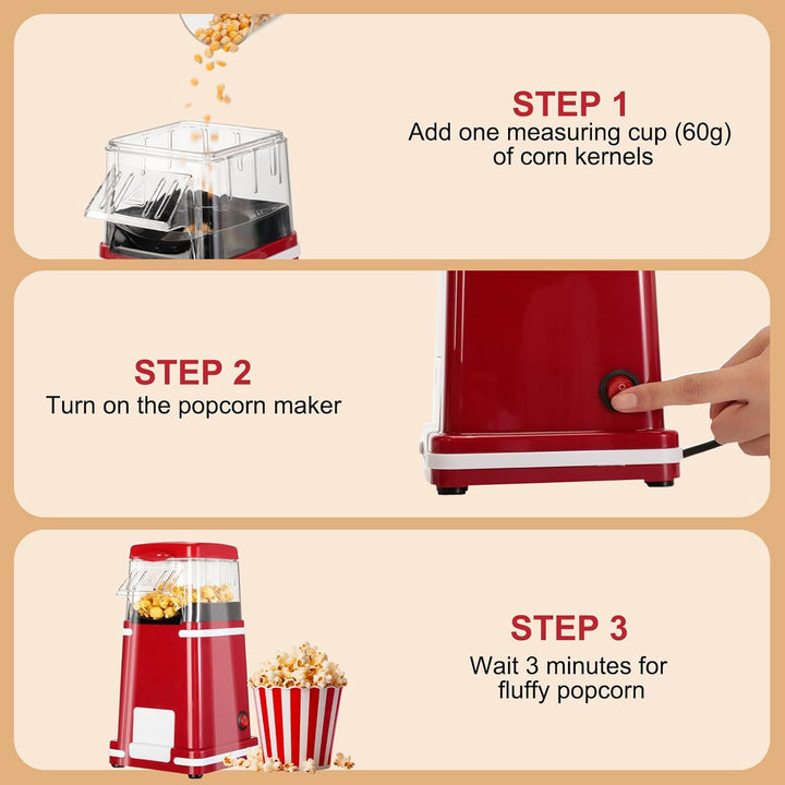 Cozary Popcornmaschine, 1200W Popcorn Maker mit Heissluft für fettfreies Popcorn, mit Messbecher, Re