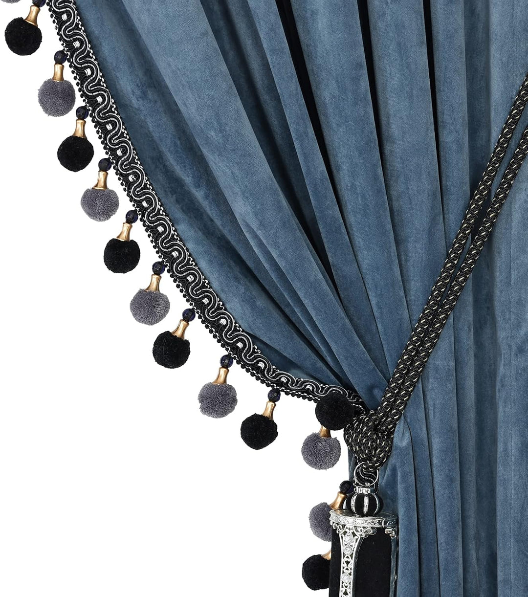 Luxuriöser Pompon-Vorhang für Wohnzimmer, Verdunkelungsvorhänge, Samt, 2 Paneele, luxuriöse Quaste,