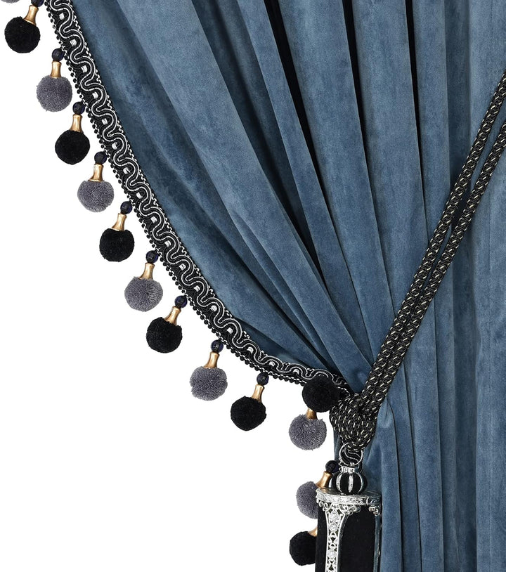 Luxuriöser Pompon-Vorhang für Wohnzimmer, Verdunkelungsvorhänge, Samt, 2 Paneele, luxuriöse Quaste,