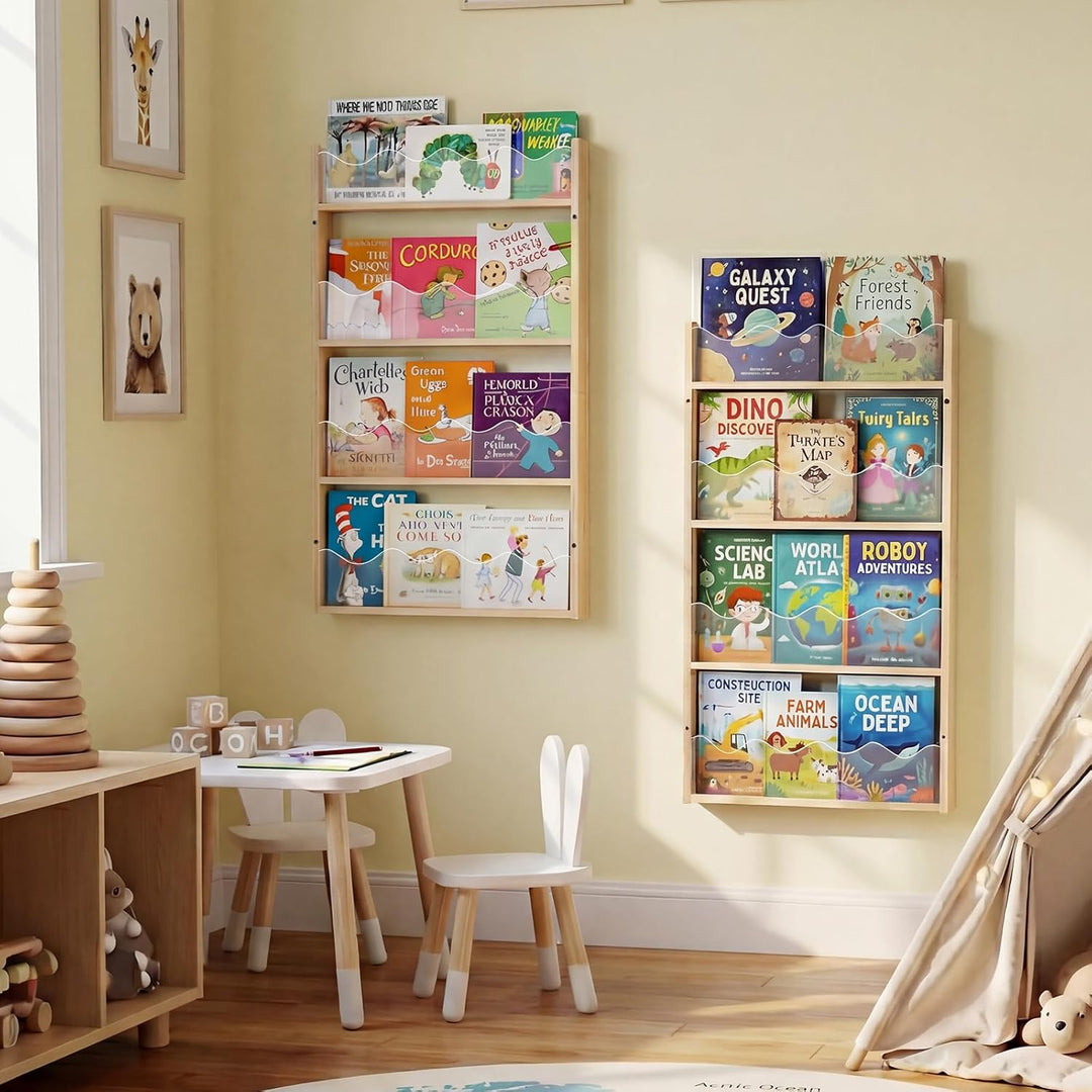 Kinder Bücherregal Wandmontage 4 Ebenen Holz & Acryl-Schwebendes Bücherregal Babyzimmer,Montessori R