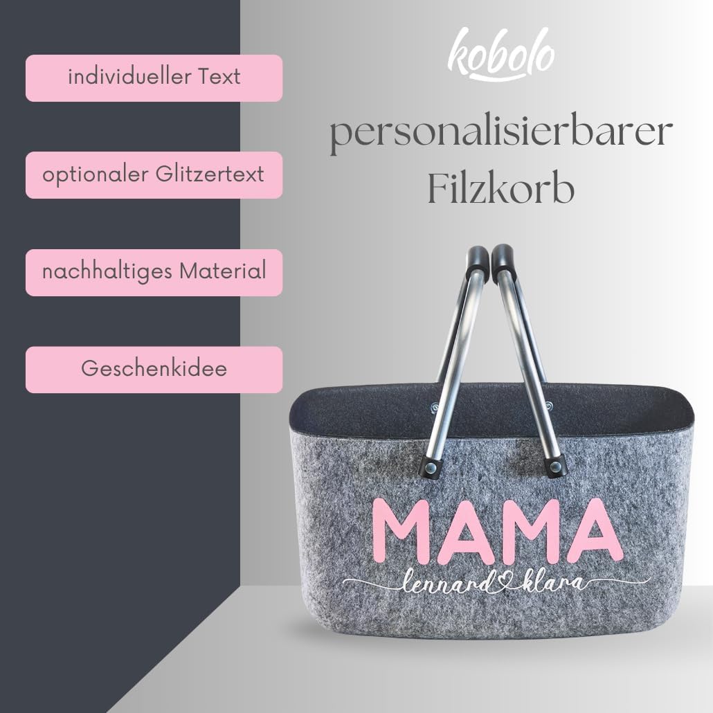 Kobolo personalisierbarer Filzkorb | 36x22x18 cm | grau-schwarz | moderner Einkaufskorb mit stabilen