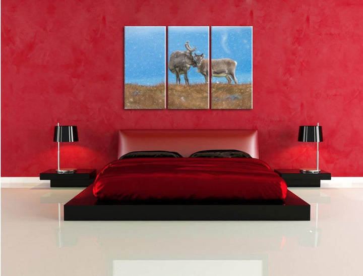 Pixxprint Rentiere die miteinander schmusen als Leinwandbild/Grösse: 3 Teilig (120x80) / Wandbild/Ku
