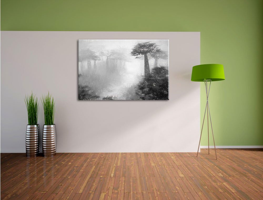 Pixxprint Mysteriöser Wald im Nebel Kohle Zeichnung Effekt, Format: 100x70 auf Leinwand, XXL riesige
