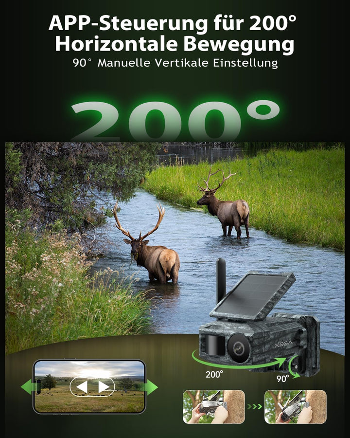 Xega 4G LTE Solar Überwachungskamera mit SIM-Karte & 2 Solarmodulen – Aussen Wildkamera Bewegungserk