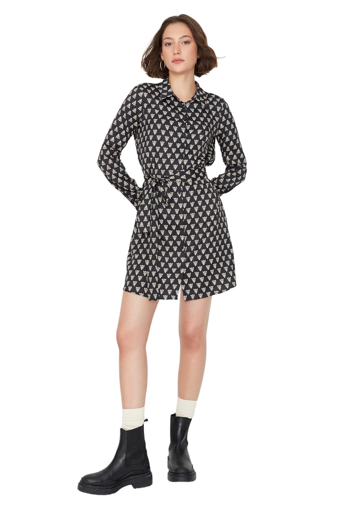 TRENDYOL Damen Woman Midi Shirt Polo Neck Woven Dress Kleid 38 Schwarz, 38 Schwarz