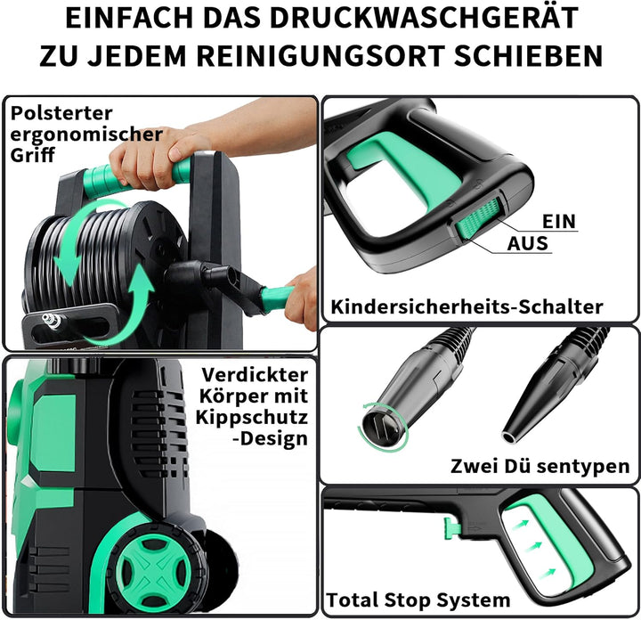 2026New Hochdruckreiniger Touchscreen 8-stufiger 200 Bar, 6-in-1-Düse, 90cm Gerätehöhe, Einstellbare