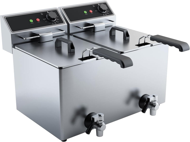 Gastro Elektro-Doppel-Fritteuse 2x 8 Liter 2x 3000 Watt mit Ablasshahn herausnehmbares Becken und He