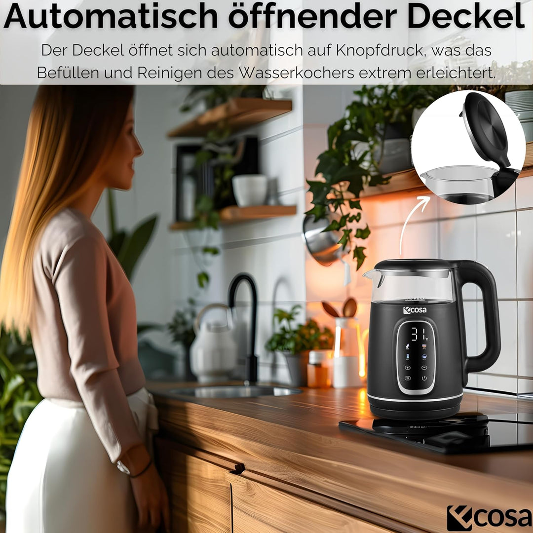 Ecosa® Wasserkocher mit Temperatureinstellung Glas Edelstahl - Teekocher - 1,7 Liter 2.200 Watt - BP