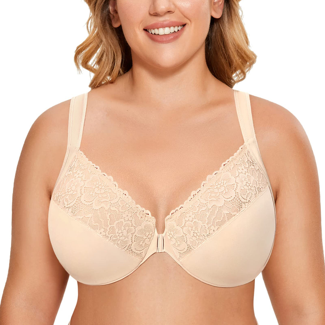DELIMIRA Damen Vorderverschluss BH mit Bügel BHS Grosse Brüste Starker Halt Soft Spitzen U-Rücken Un
