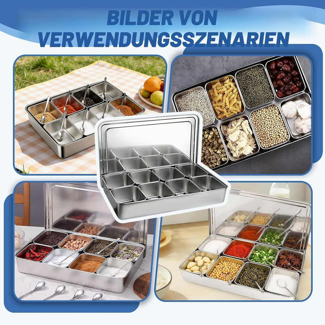 Gewürzbox Edelstahl mit 8 Fächern, Zutatenbehälter mit Herausnehmbaren Behälter für Gastro & Küche,