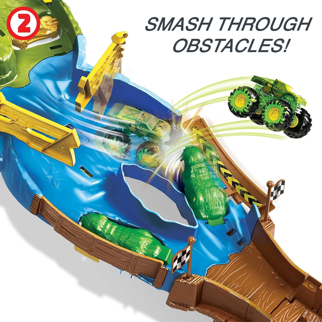 Hot Wheels HJG32 - Monster Trucks Rennstrecke Spielset mit den Monster Trucks Bigfoot und Gunkster f
