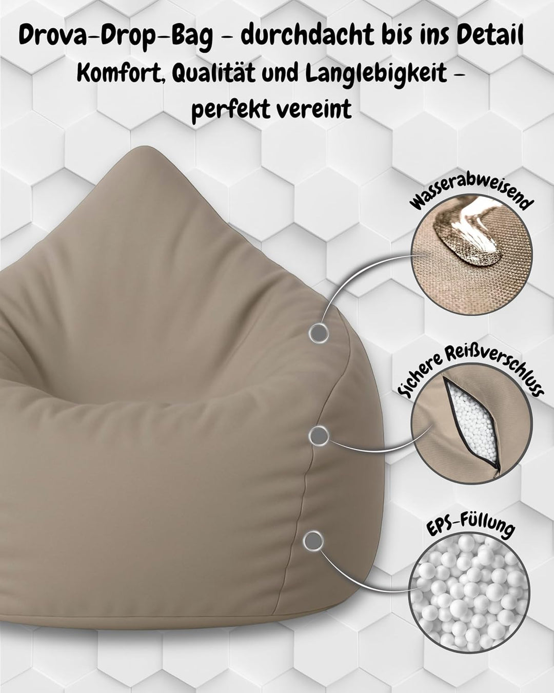 PATCH HOME Patchhome Sitzsack Tropfenform mit Reissverschluss Nachfüllbar - für In &amp; Outdoor - mit S