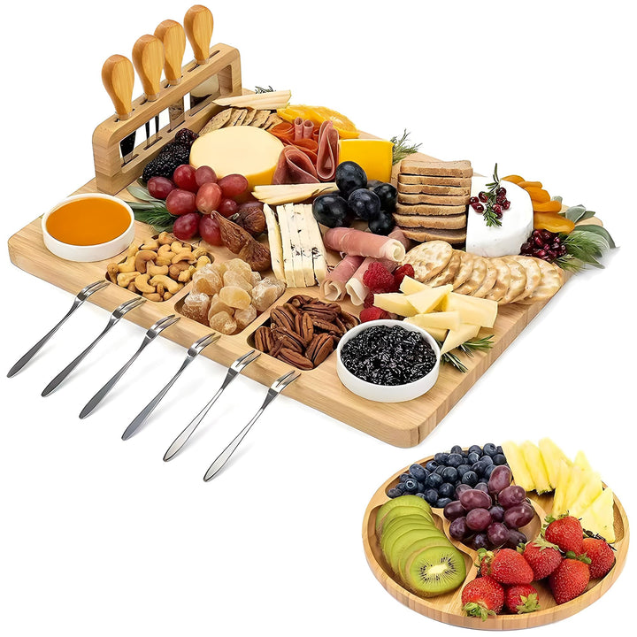 Servierplatte aus Bambus – 35 x 28 cm Käseplatte Set mit 2 Dip-Schälchen, 4 Käsemessern, 6 Gabeln &