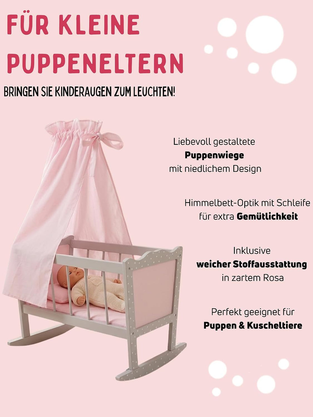 Bayer Chic 2000 - Puppenwiege, Wiege für Puppen, Puppenbett, Puppenmöbel, Puppenzubehör, Puntos grau