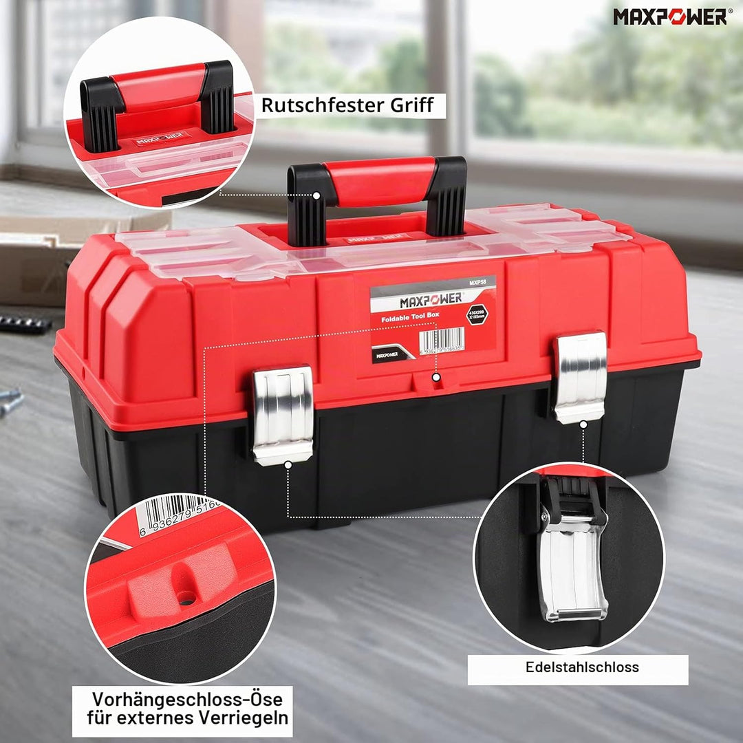 MAXPOWER Werkzeugkoffer leer, Werkzeugkiste gross mit 3 Laden, Werkzeugkasten 42 x 18 x 17 cm mit Me