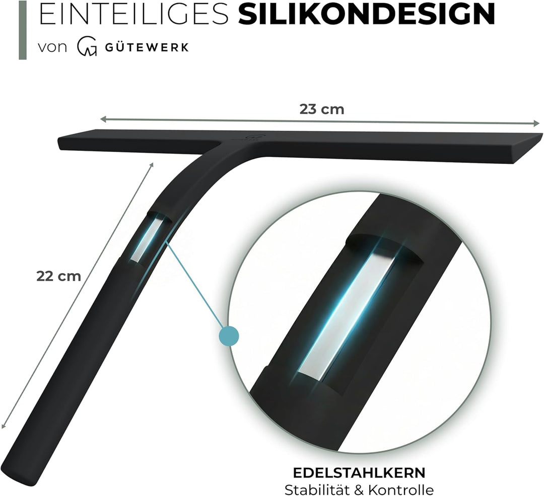GÜTEWERK Duschabzieher Set mit Halter - schwarz 23 cm breit - ohne Bohren Silikon Abzieher Dusche Ba