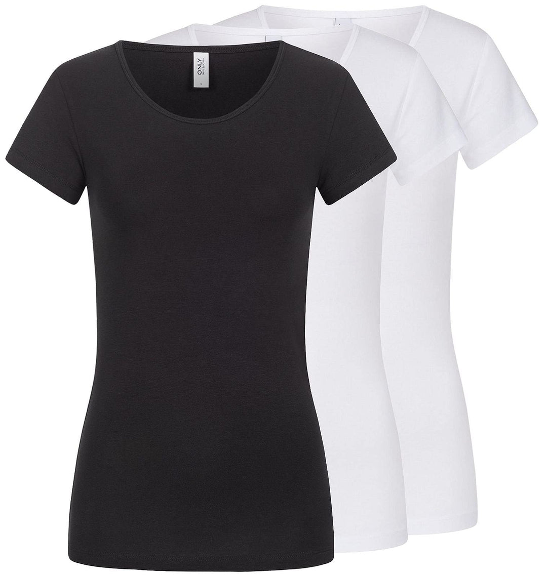 ONLY Damen T-Shirt Onllive Love Life Basic Damenshirt S 3er Pack Weiss/Schwarz, S 3er Pack Weiss/Sch