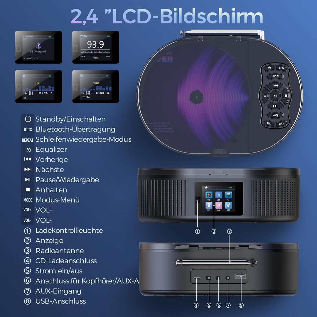 Desobry Tragbarer CD-Player mit Bluetooth, Grossem LCD-Display, Akku, Lautsprecher, AUX, USB, UKW-Ra