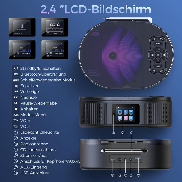 Desobry Tragbarer CD-Player mit Bluetooth, Grossem LCD-Display, Akku, Lautsprecher, AUX, USB, UKW-Ra