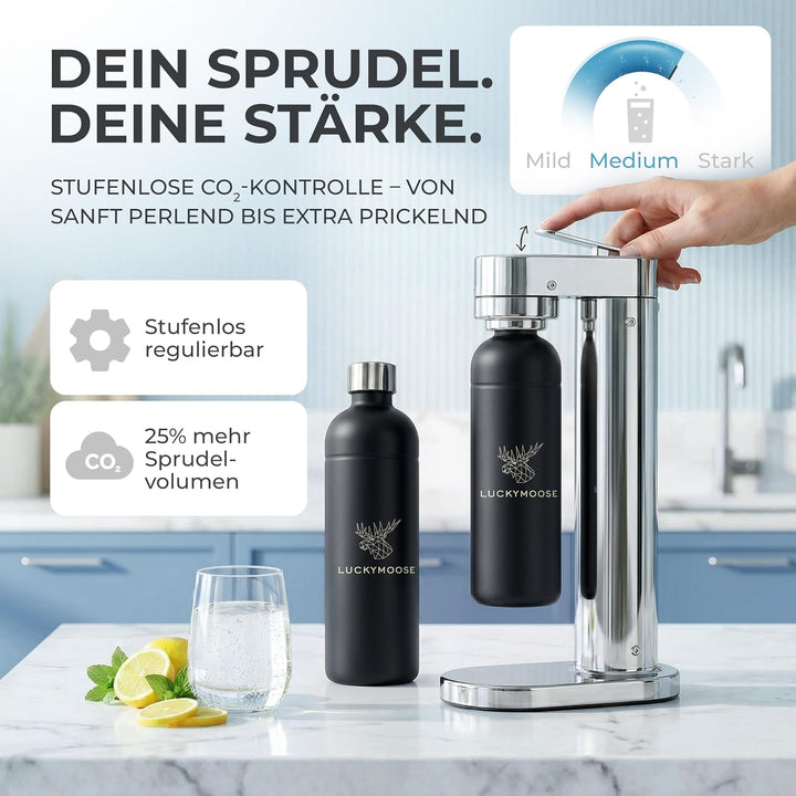 Luckymoose Infinity-S Wassersprudler aus hochwertigem Edelstahl (Silver/Black) – inkl. 2x 1,25L Edel