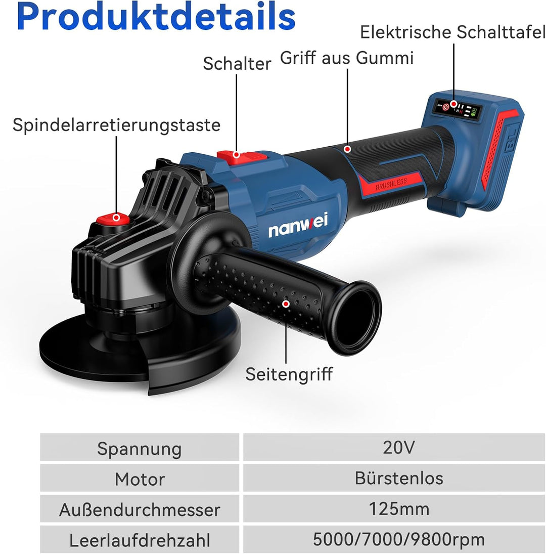 NANWEI Akku-Winkelschleifer, kompatibel mit Makita 18V-Akku, 125 mm bürstenloser Winkelschleifer, El