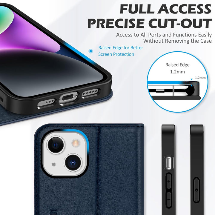 SHIELDON Hülle für iPhone 14 5G, Stossfeste Schuzhülle [Echtleder] [Kartenfach] [Verdicht TPU], Magn