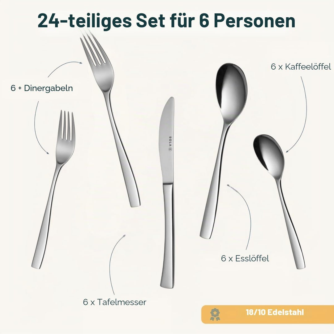 Sola Lotus Besteck Set - 6 Personen Essbesteck - 24 Teilig, 18/10 Rostfreiem Stahl - Robustes &amp; Eleg