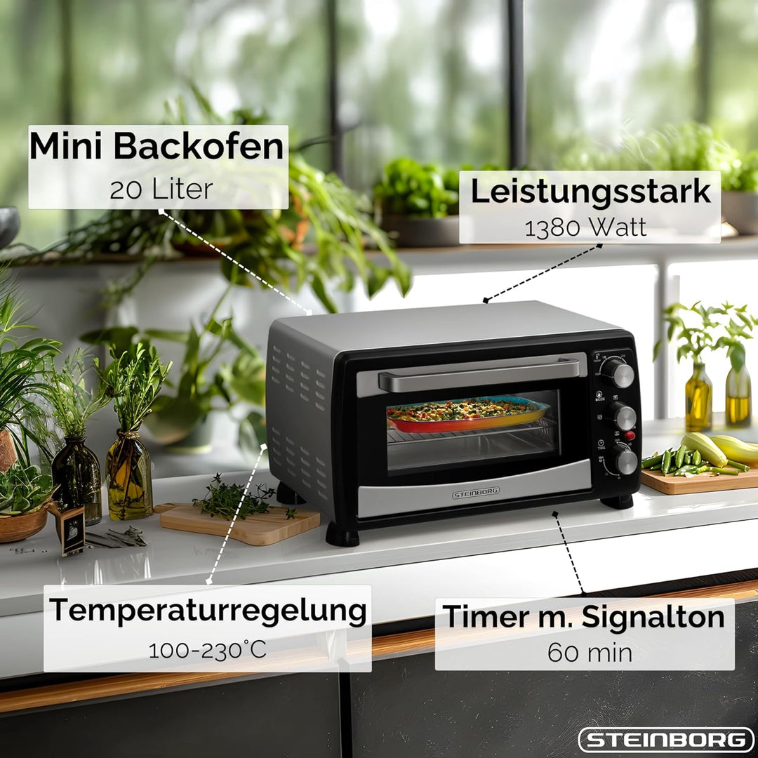 Steinborg® Mini Backofen mit Umluft 20 Liter Pizzaofen Krümelblech Umluftfunktion Ober- und Unterhit