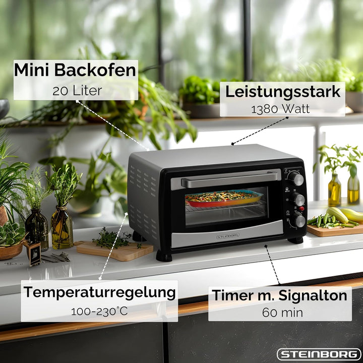 Steinborg® Mini Backofen mit Umluft 20 Liter Pizzaofen Krümelblech Umluftfunktion Ober- und Unterhit