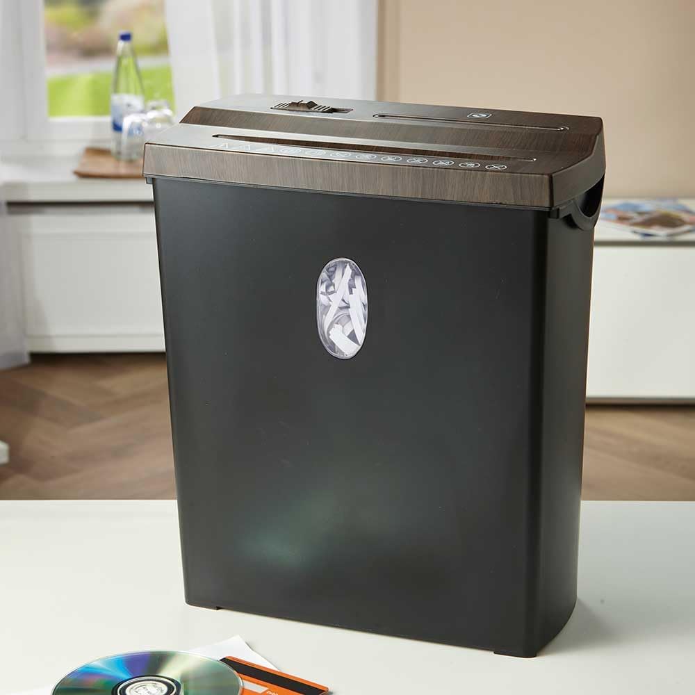 Multifunktions-Aktenvernichter in Holz-Optik – Shredder für Papier, Kreditkarten, CDs/DVDs, 11 l Kap