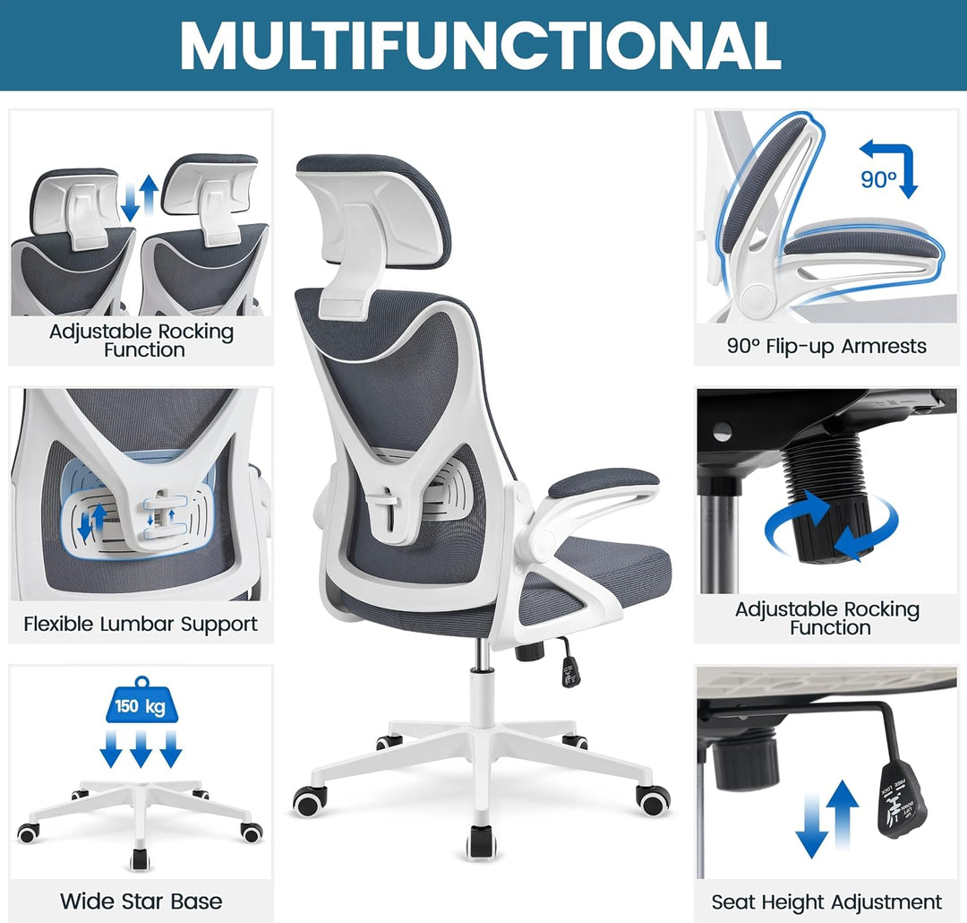Yaheetech Bürostuhl Ergonomisch, Schreibtischstuhl mit Hochklappbaren Armlehnen, Drehstuhl mit Rücke