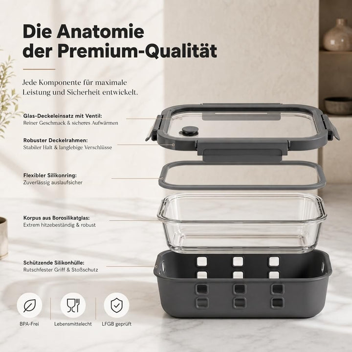 Meal Prep Boxen Set 3x1520ml – Borosilikatglas, auslaufsicher, stapelbar, mikrowellengeeignet, mit S