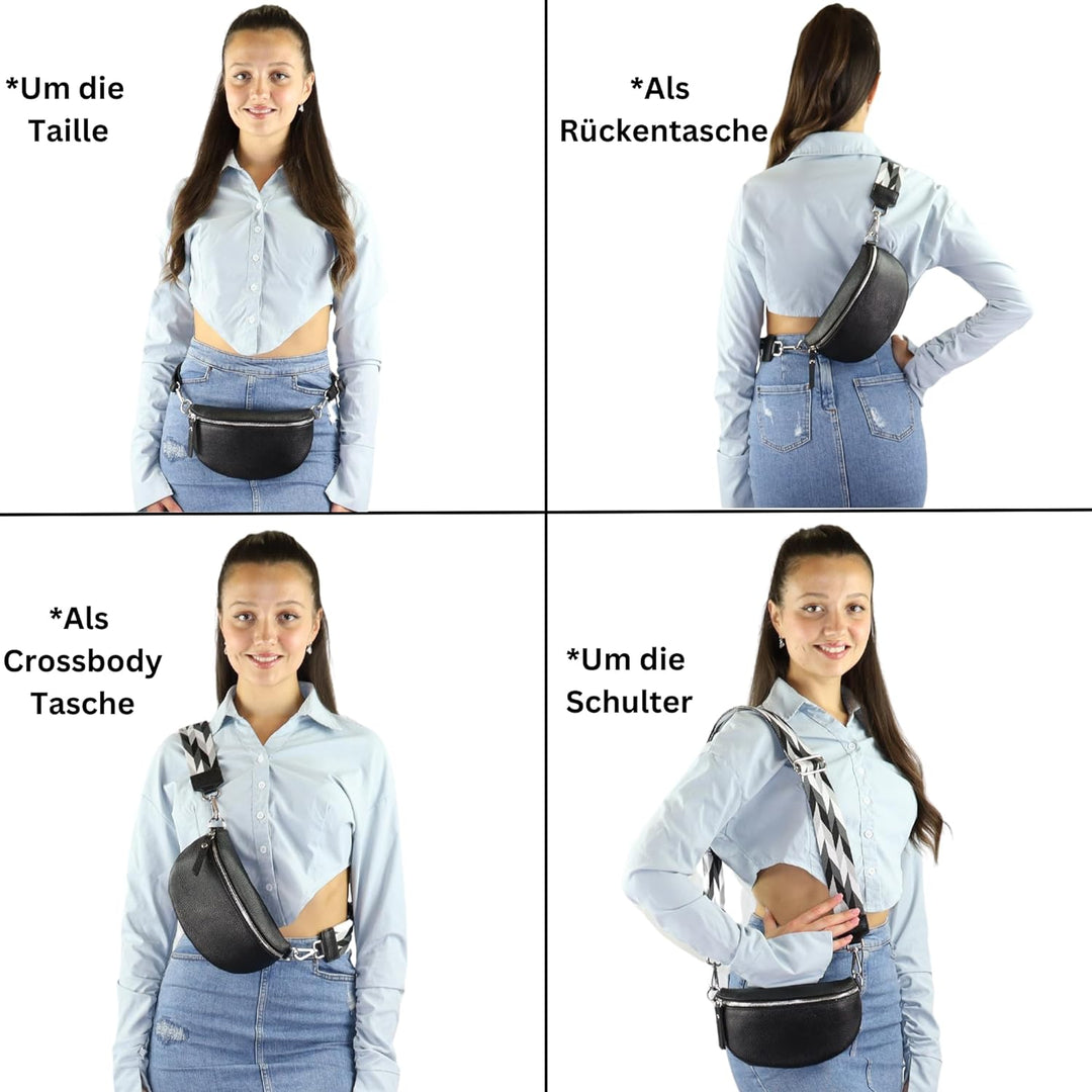 Blade Bauchtasche Damen Echtleder, stylische Gürteltasche Damen mit 2 gemusterten und Leder abnehmba