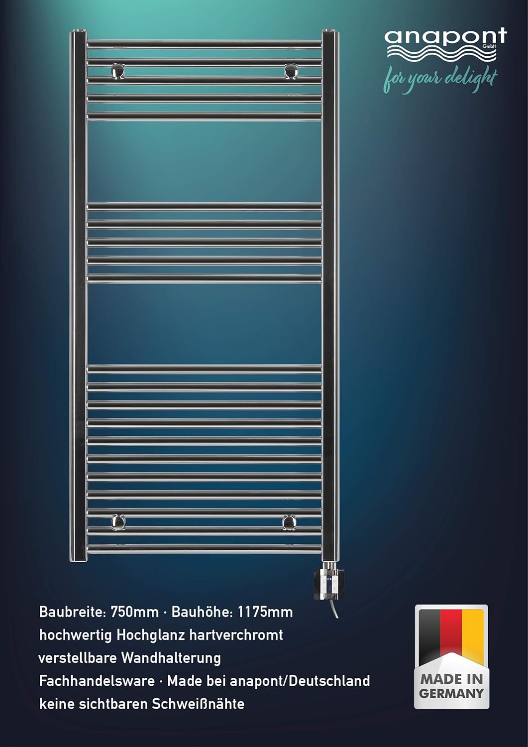 anapont elektrischer Badheizkörper - gerade - Chrom - Timer-Funktion - Handtuchheizkörper - Badheizu
