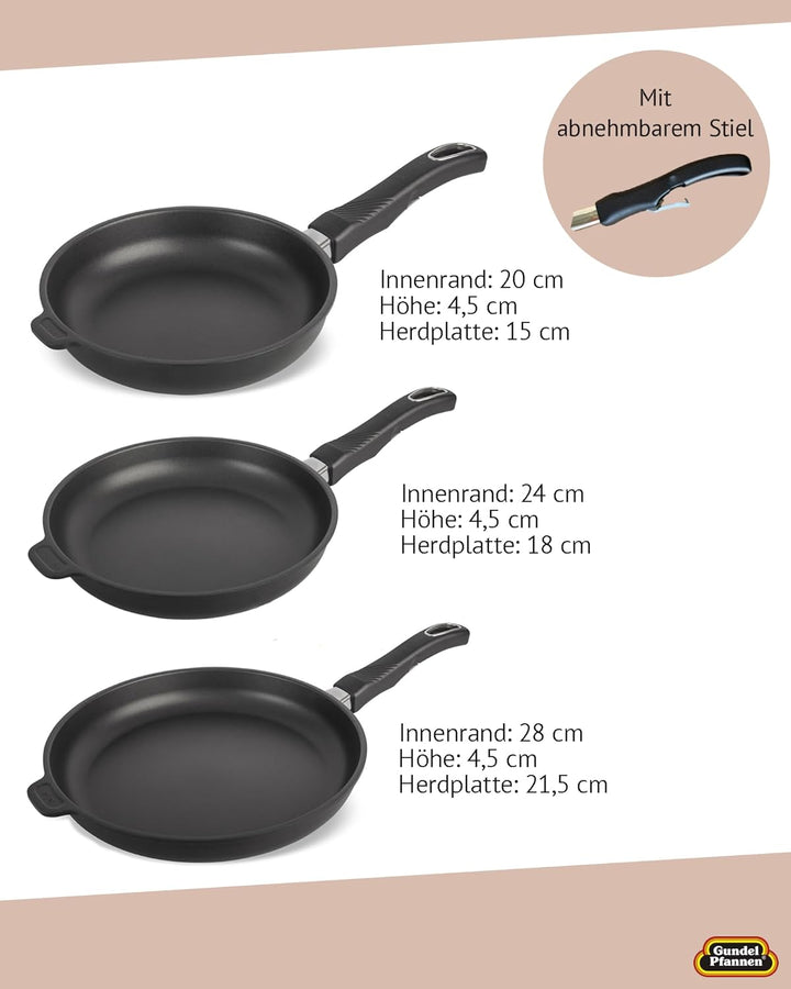 3er-Set Original Gundel Bratpfannen INDUKTION, Ø 20, 24, 28 cm, PFOA-frei, Akku-Therm Boden, abnehmb