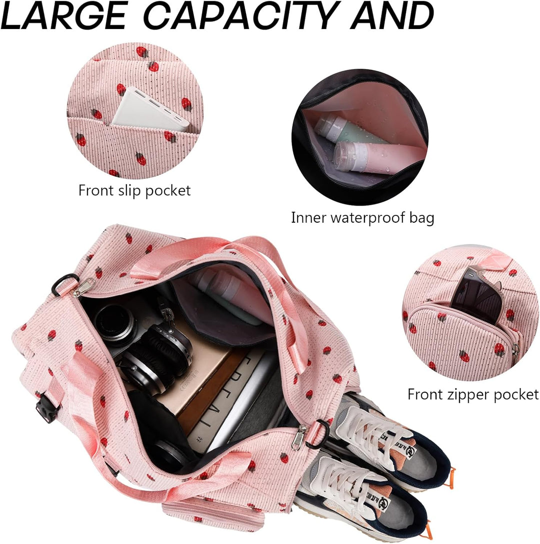 Sporttasche Kinder Mädchen Erdbeere Cord Reisetasche Damen Weekender Schwimmtasche mit Schuhfach und