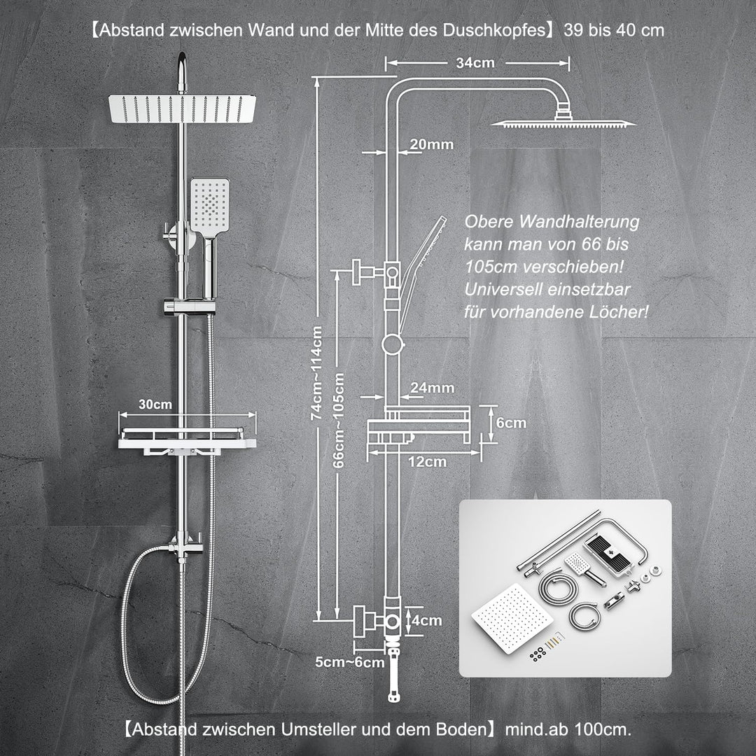 JOHO Edelstahl Regendusche Duschsystem Duschset Duschstange mit Ablage Chrom(Kopfbrause 25x25cm) 252