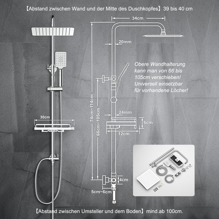JOHO Edelstahl Regendusche Duschsystem Duschset Duschstange mit Ablage Chrom(Kopfbrause 25x25cm) 252