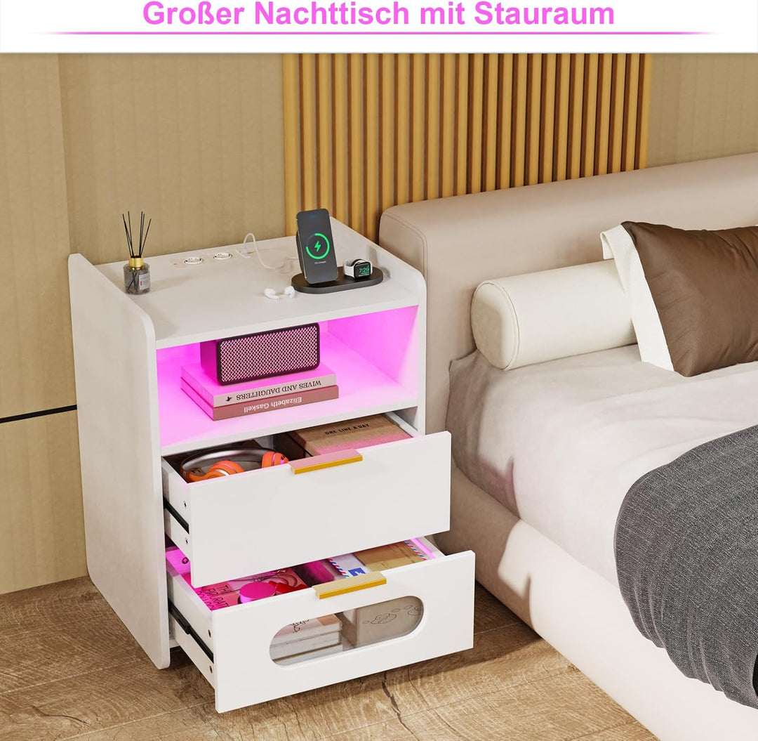 Led Nachttisch mit Ladestation, Nachtschrank mit Steckdose & USB-Anschlüssen, Nachttisch mit Offene