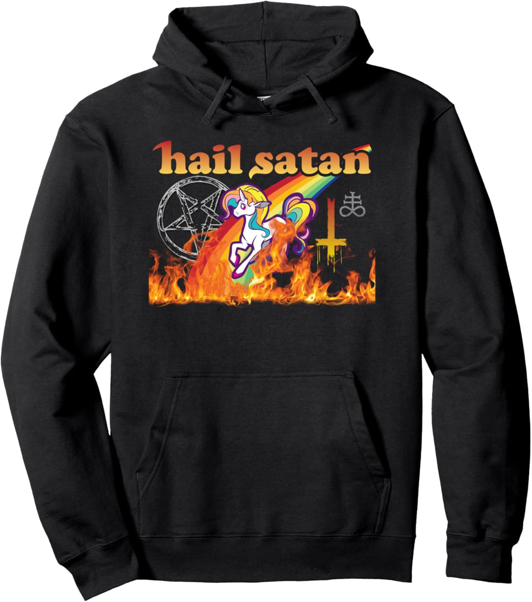 Hail Satan Hell Fire Rainbow Unicorn Pullover Hoodie