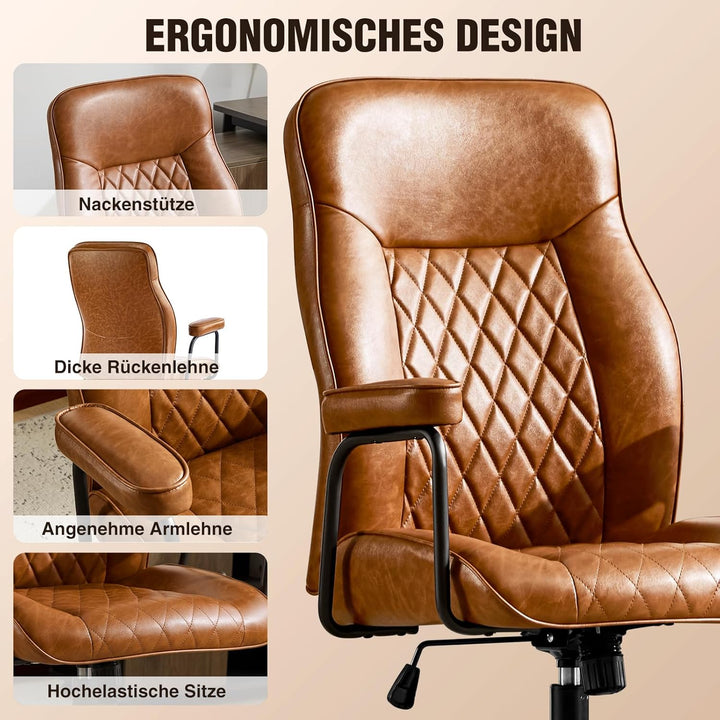 Bürostuhl Ergonomisch, PU Leder Chefsessel, Schreibtischstuhl Computerstuhl mit Hoher Rückenlehne, G
