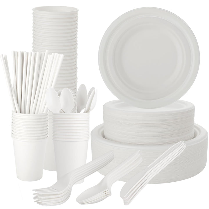 AKOLAFE 400 Stück Geschirrset Pappteller Umweltfreundlich Einweggeschirr Biologisch Abbbaubare Einwe