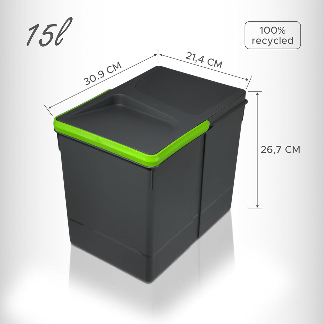 Mülltrennsystem 3x15l anthrazit, Mülleimer Küche für Schublade oder Unterschrank, geruchsdicht, spül