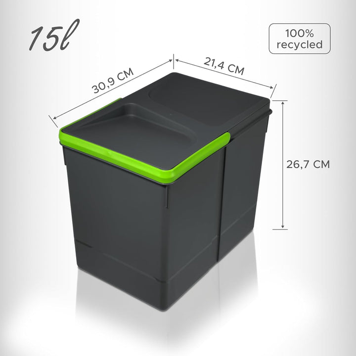 Mülltrennsystem 3x15l anthrazit, Mülleimer Küche für Schublade oder Unterschrank, geruchsdicht, spül